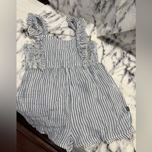 Blue and White Striped Ruffle Romper